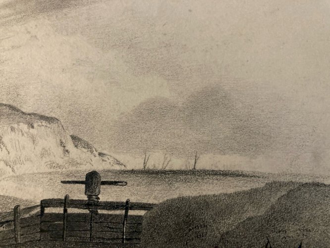 Dessin XIXe 1850 mine de plomb crayon Paysage  Mer Lac Ocean Falaise