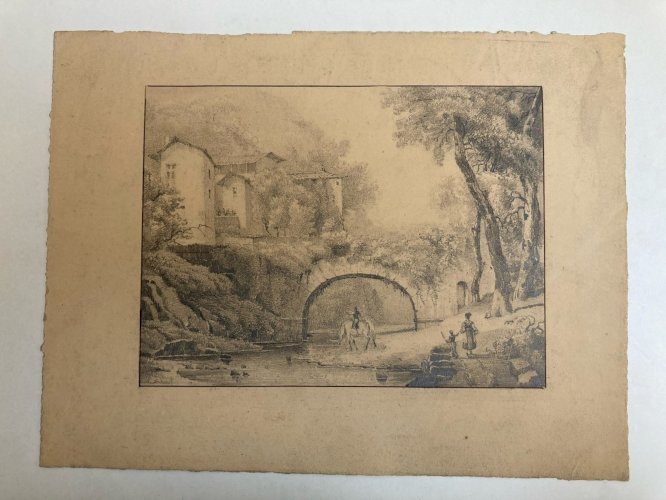 Dessin XIXe 1850 mine de plomb crayon Paysage Pont Cheval Chevaux Art