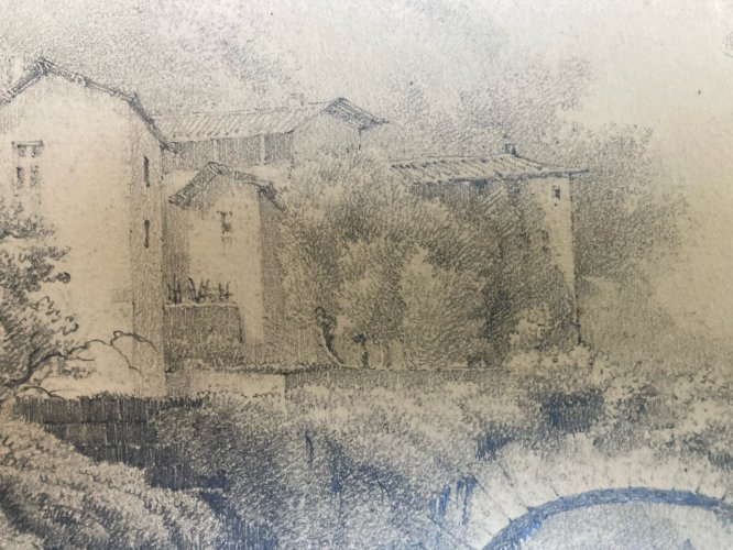 Dessin XIXe 1850 mine de plomb crayon Paysage Pont Cheval Chevaux Art