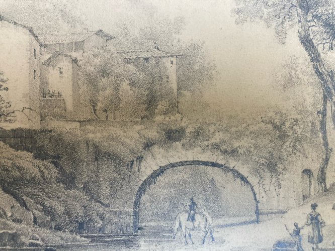 Dessin XIXe 1850 mine de plomb crayon Paysage Pont Cheval Chevaux Art