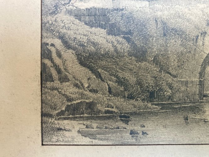 Dessin XIXe 1850 mine de plomb crayon Paysage Pont Cheval Chevaux Art