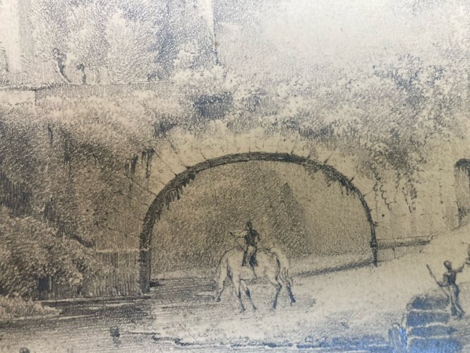 Dessin XIXe 1850 mine de plomb crayon Paysage Pont Cheval Chevaux Art