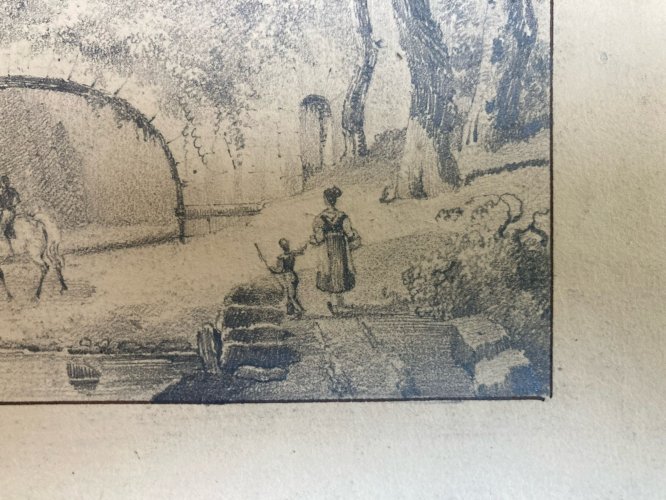 Dessin XIXe 1850 mine de plomb crayon Paysage Pont Cheval Chevaux Art