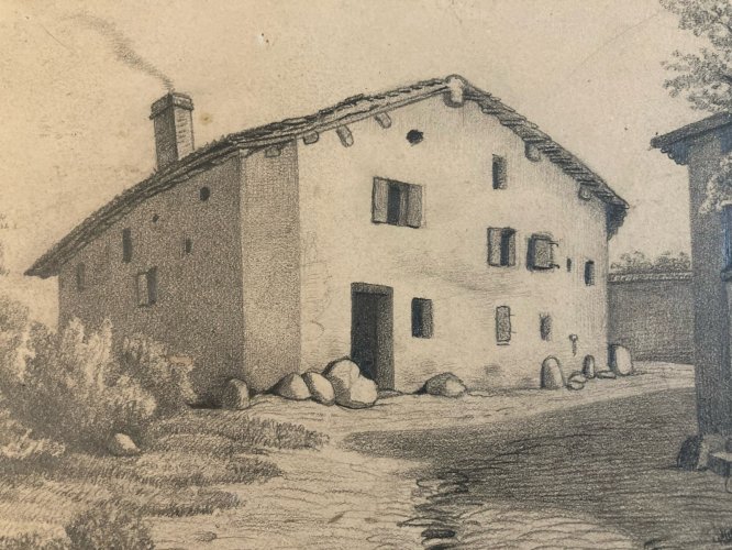Dessin XIXe 1850 mine de plomb crayon Paysage Village Ancien Maison Art