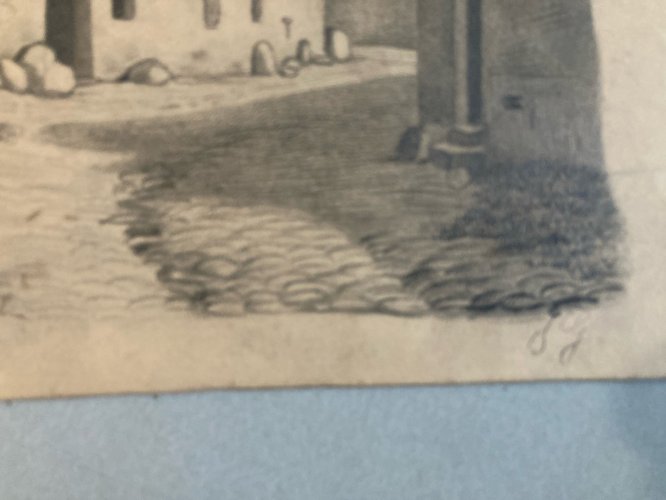 Dessin XIXe 1850 mine de plomb crayon Paysage Village Ancien Maison Art