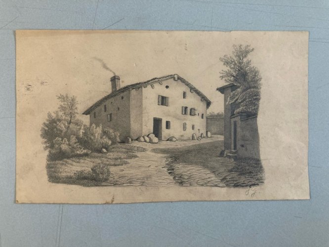 Dessin XIXe 1850 mine de plomb crayon Paysage Village Ancien Maison Art