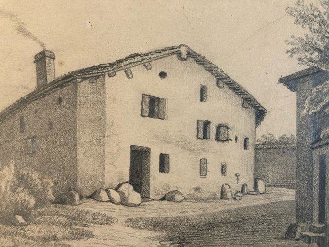 Dessin XIXe 1850 mine de plomb crayon Paysage Village Ancien Maison Art