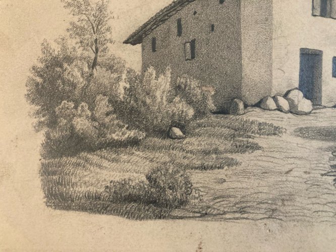 Dessin XIXe 1850 mine de plomb crayon Paysage Village Ancien Maison Art