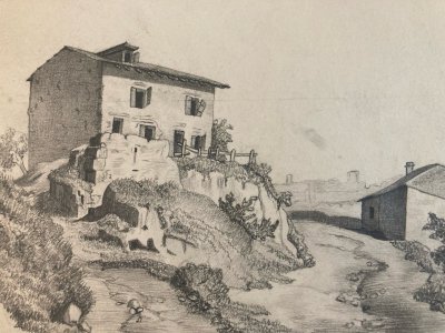 Drawing XIX century 1850 graphite pencil Landscape Old Village House