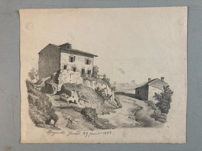 Dessin XIXe 1850 mine de plomb crayon Paysage Village Ancien Maison
