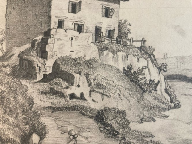 Dessin XIXe 1850 mine de plomb crayon Paysage Village Ancien Maison