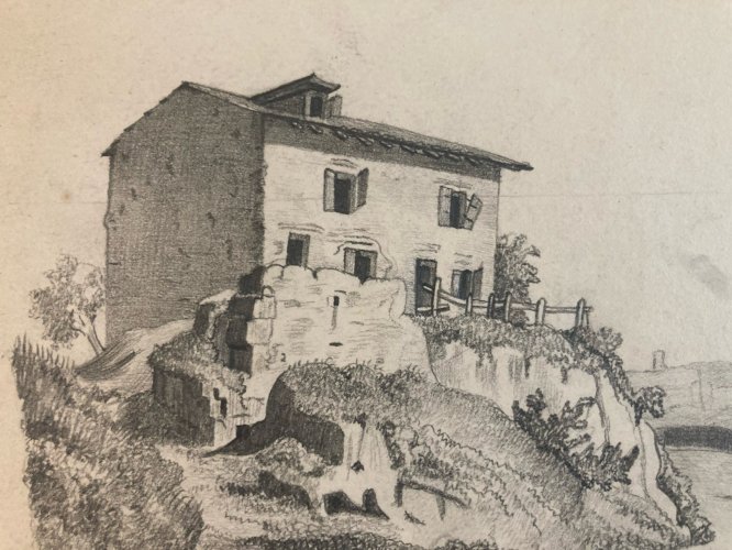 Dessin XIXe 1850 mine de plomb crayon Paysage Village Ancien Maison