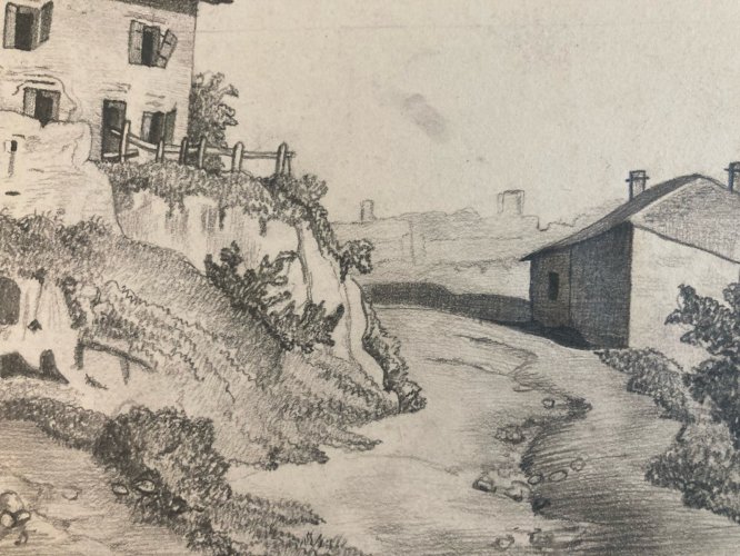 Dessin XIXe 1850 mine de plomb crayon Paysage Village Ancien Maison