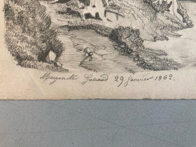 Dessin XIXe 1850 mine de plomb crayon Paysage Village Ancien Maison