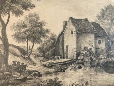 Drawing 19th century 1850 pencil landscape village old mill art
