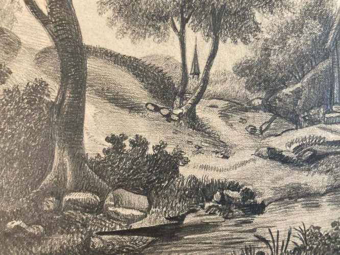 Dessin XIXe 1850 mine de plomb crayon Paysage Village Ancien Moulin Art