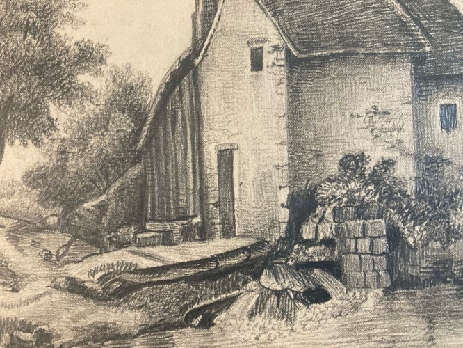Dessin XIXe 1850 mine de plomb crayon Paysage Village Ancien Moulin Art