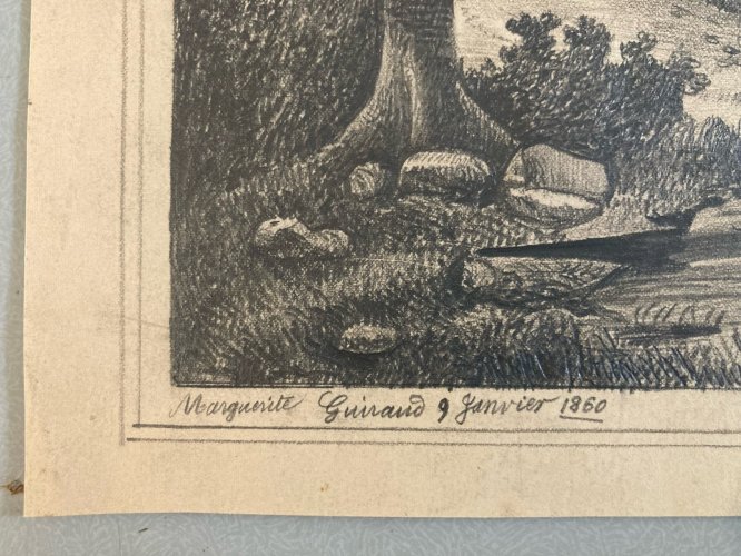 Dessin XIXe 1850 mine de plomb crayon Paysage Village Ancien Moulin Art