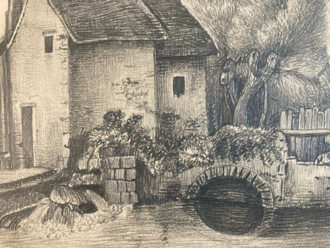 Dessin XIXe 1850 mine de plomb crayon Paysage Village Ancien Moulin Art