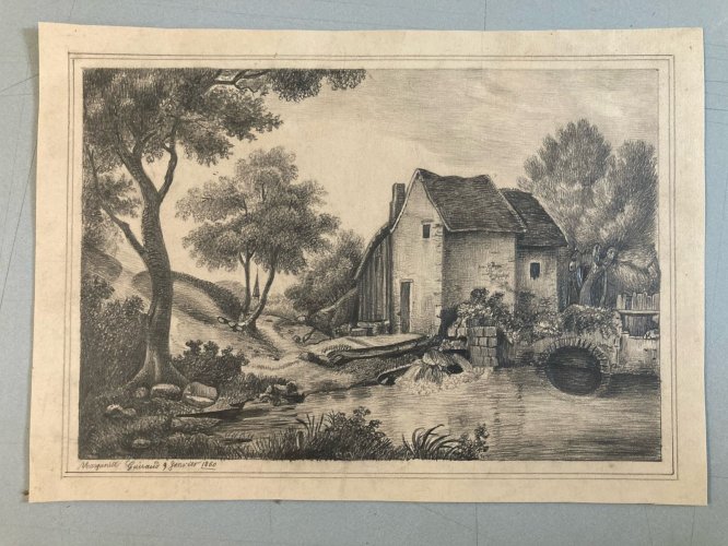 Dessin XIXe 1850 mine de plomb crayon Paysage Village Ancien Moulin Art