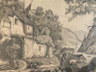 Drawing XIX century 1850 graphite pencil Landscape Old Village Cow Art