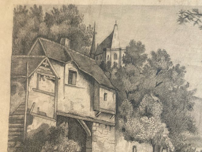 Dessin XIXe 1850 mine de plomb crayon Paysage Village Ancien Vache Art