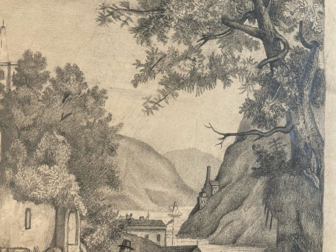 Dessin XIXe 1850 mine de plomb crayon Paysage Village Ancien Vache Art