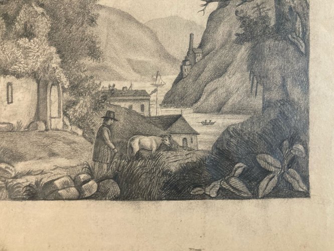 Dessin XIXe 1850 mine de plomb crayon Paysage Village Ancien Vache Art