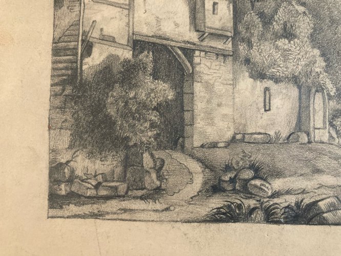 Dessin XIXe 1850 mine de plomb crayon Paysage Village Ancien Vache Art