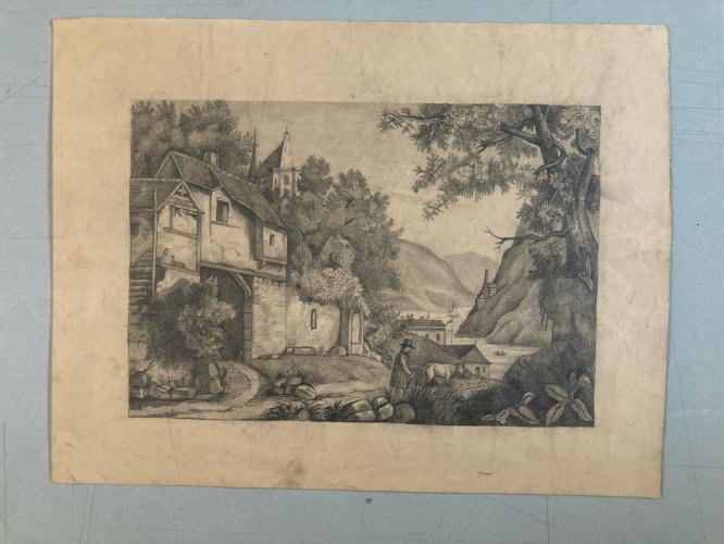 Dessin XIXe 1850 mine de plomb crayon Paysage Village Ancien Vache Art