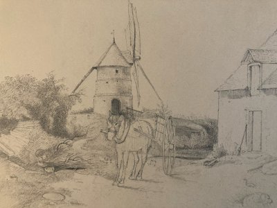 Dessin XIXe 1850 Paysage Crayon Ancien  Peinture Cheval Moulin Meunier Ancien