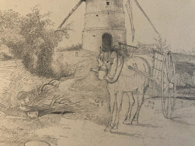 Dessin XIXe 1850 Paysage Crayon Ancien  Peinture Cheval Moulin Meunier Ancien