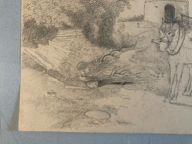 Dessin XIXe 1850 Paysage Crayon Ancien  Peinture Cheval Moulin Meunier Ancien