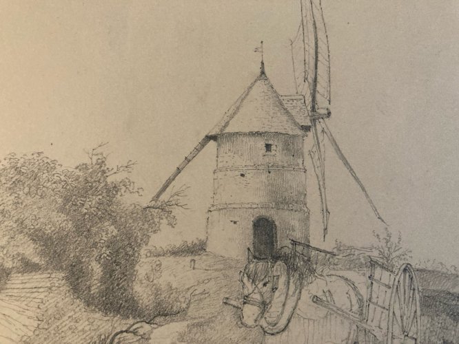 Dessin XIXe 1850 Paysage Crayon Ancien  Peinture Cheval Moulin Meunier Ancien