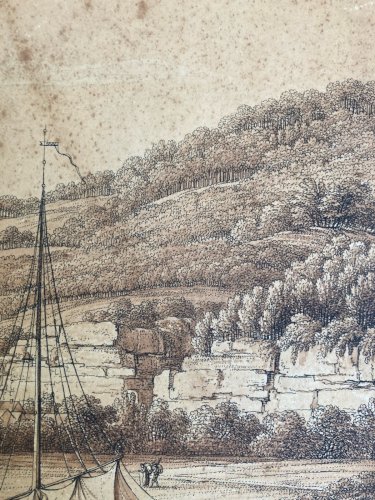 Dessin XIXe 1850 Suisse Elbe Saxe A Identifier Ancien Bateau Rivière