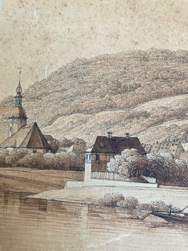 Dessin XIXe 1850 Suisse Elbe Saxe A Identifier Ancien Bateau Rivière