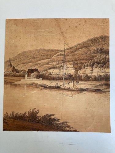 Dessin XIXe 1850 Suisse Elbe Saxe A Identifier Ancien Bateau Rivière