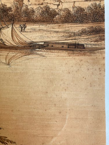 Dessin XIXe 1850 Suisse Elbe Saxe A Identifier Ancien Bateau Rivière
