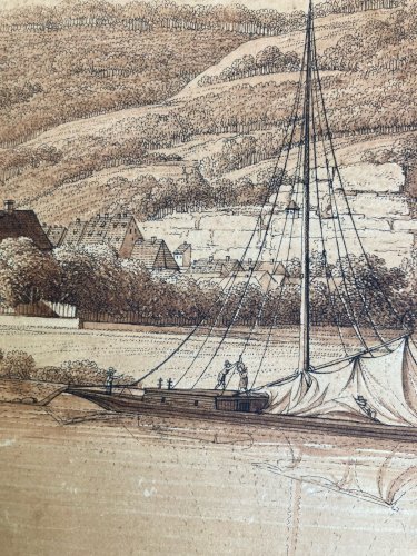 Dessin XIXe 1850 Suisse Elbe Saxe A Identifier Ancien Bateau Rivière