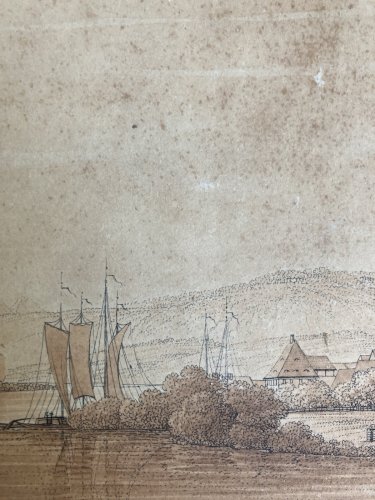 Dessin XIXe 1850 Suisse Elbe Saxe A Identifier Ancien Bateau Schandau