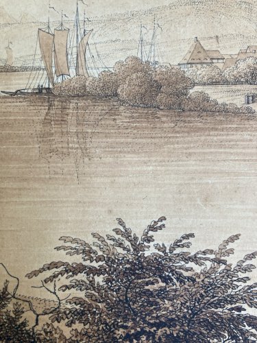 Dessin XIXe 1850 Suisse Elbe Saxe A Identifier Ancien Bateau Schandau