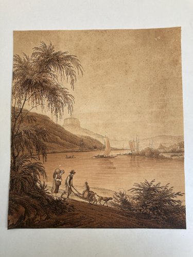 Dessin XIXe 1850 Suisse Elbe Saxe A Identifier Ancien Bateau Schandau