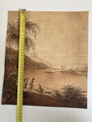 Dessin XIXe 1850 Suisse Elbe Saxe A Identifier Ancien Bateau Schandau
