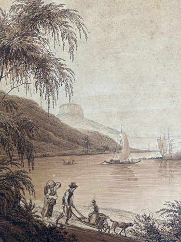 Dessin XIXe 1850 Suisse Elbe Saxe A Identifier Ancien Bateau Schandau