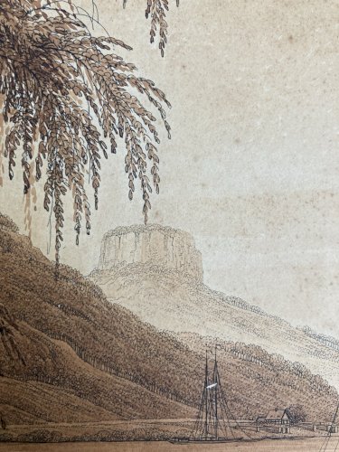 Dessin XIXe 1850 Suisse Elbe Saxe A Identifier Ancien Bateau Schandau