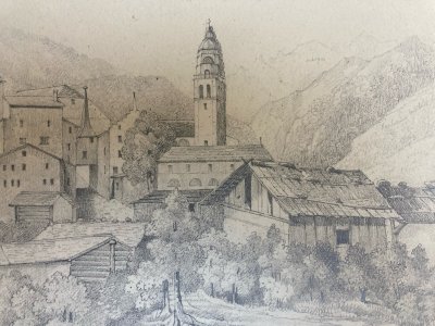 Dessin XIXe 1850 Visp Viege Brig Suisse Village Ancien A Identifier Art
