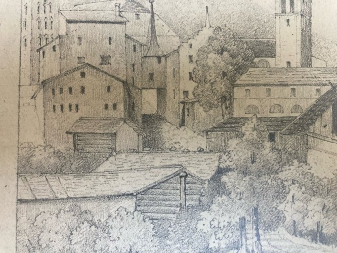 Dessin XIXe 1850 Visp Viege Brig Suisse Village Ancien A Identifier Art