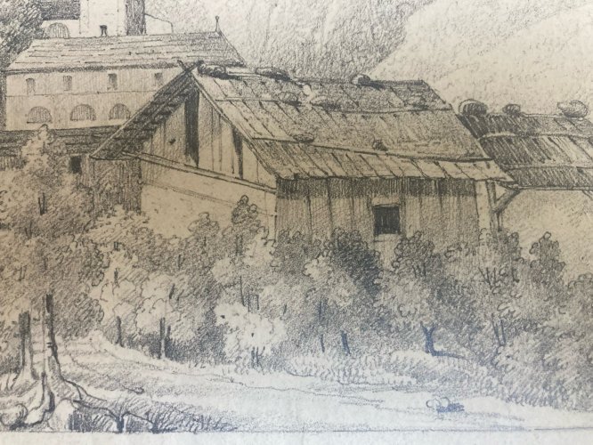 Dessin XIXe 1850 Visp Viege Brig Suisse Village Ancien A Identifier Art