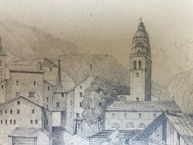 Dessin XIXe 1850 Visp Viege Brig Suisse Village Ancien A Identifier Art