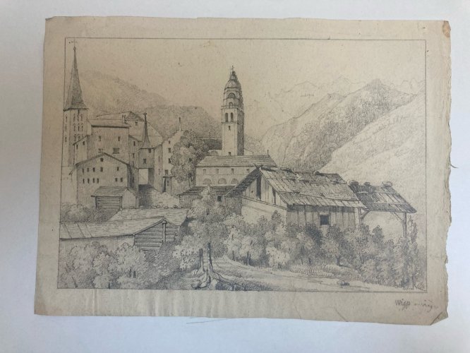 Dessin XIXe 1850 Visp Viege Brig Suisse Village Ancien A Identifier Art